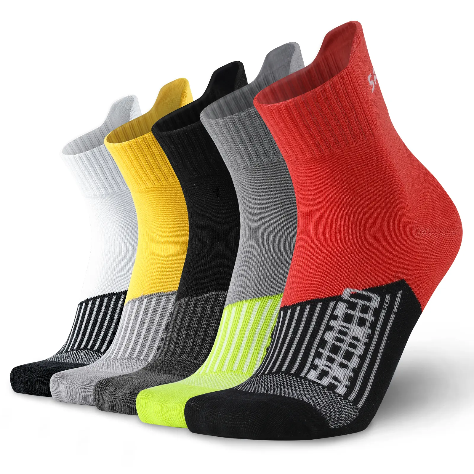 Men's Mid-Calf Athletic Socks 5 Pairs Cotton Cushioned Crew Socks with Heel Tab Moisture Wicking Color Block Design for Running Basketball Badminton