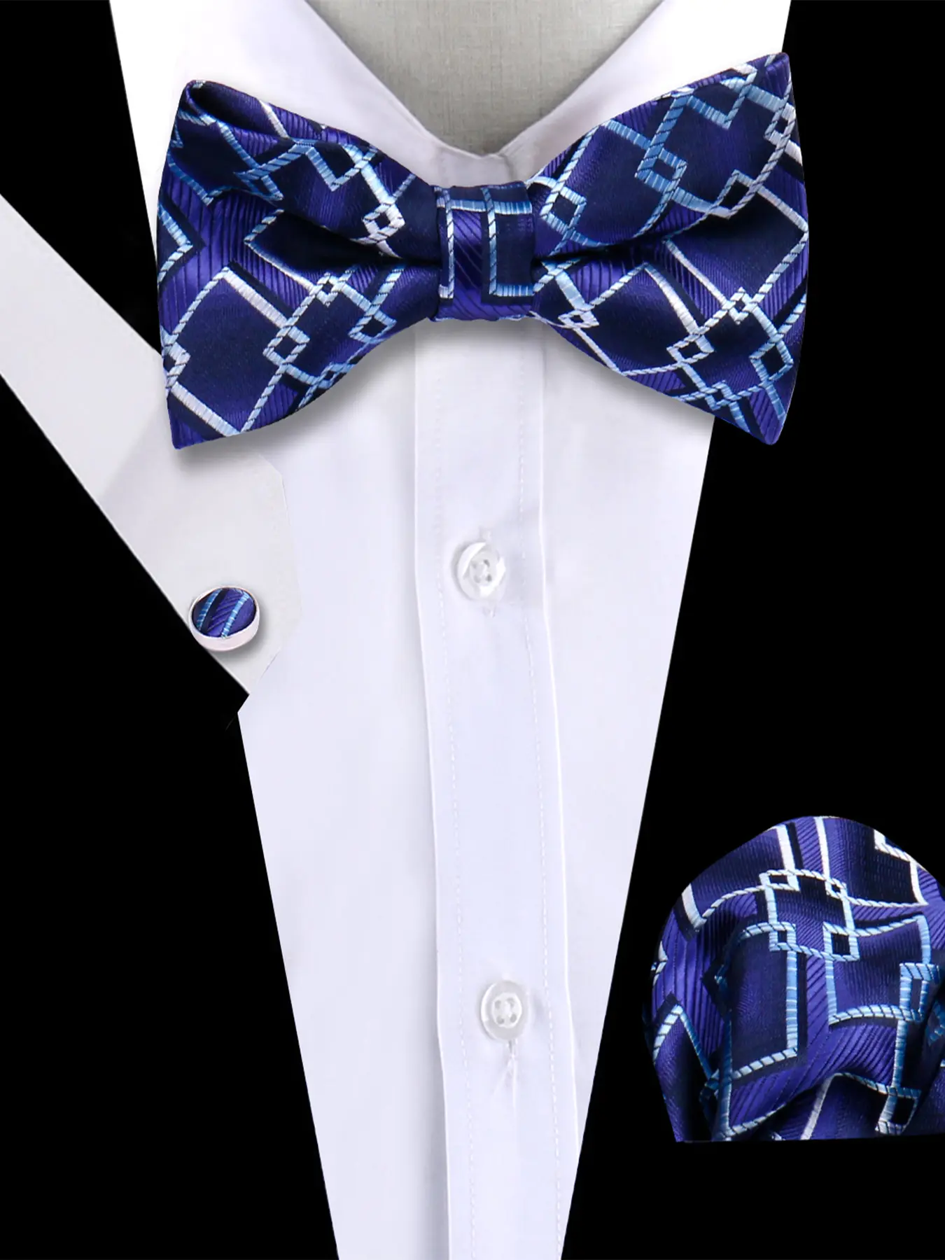 Men's Fashion Bow Tie Design Hankerchief Cufflinks Set, Casual Business Wedding Accessories, Striped Pattern, All Seasons, Regular Width