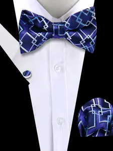 Men's Fashion Bow Tie Hankerchief Cufflinks Set, Casual Business Wedding Accessories, Striped Pattern, All Seasons, Regular Width