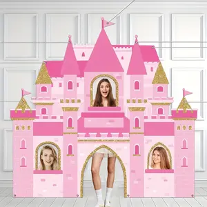 Princess-themed birthday celebration decorations, including a pink castle Backdrop Picture, suitable for baby showers or fairy tale-themed events