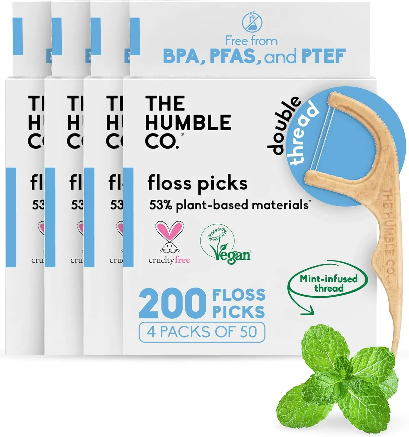 Plant-based Floss Picks - Mint Double Thread (200 pcs)