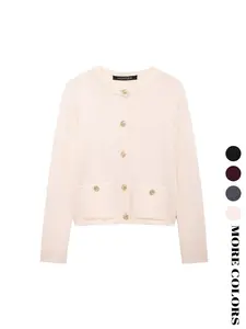 Women's Spring Autumn Button Knit Jacket, Elegant Commuter Style Pure Color Cardigan, Pocket Round Neck Sweater Top