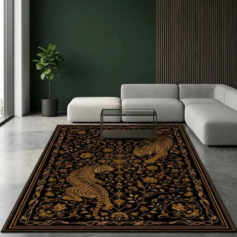 Gold & Black Tiger Rug – Timeless Luxury Oriental Pattern Carpet, Bold Exotic Design, Premium Decorative Area Rug