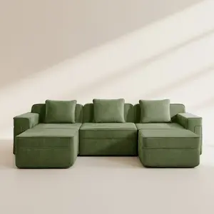 Boneless Couch – 3 Seater with 2 Ottomans, Olive Green