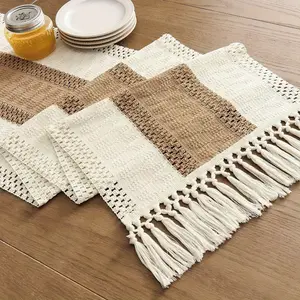Rustic Farmhouse Bohemian Chic 1pc Table Runner - Macrame Crochet Polyester with Tassels, Striped Design, Cream Brown and Beige, Ideal for Dining Room, Bedroom, Living Room Decor, Living Room Decoration|Striped Pattern Runner|Decorative Tas