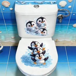Cute Penguin Toilet Stickers Set, Self-Adhesive Waterproof Vinyl Bathroom Decor, Ocean Style Toilet Lid Tank Decals Home Decoration, Bathroom Decorations