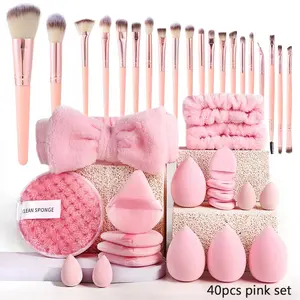 40pcs Complete Makeup Brush and Sponge Set - Full Kit with Fluffy Eyeshadow Blush Brushes Powder Puff and Blending Sponge Affordable Cosmetic Tools for Women