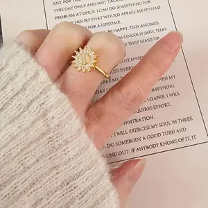 (Live)Sunflower Fidget Spinner Ring Metal Plated Gold Anxiety Relief Fashion Jewelry for Women Adjustable Spinning Ring Gift Box