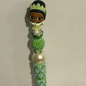 Cute Green Dressed Princess Fancy Pen with Pearl and Crystal Accents for Kids Writing
