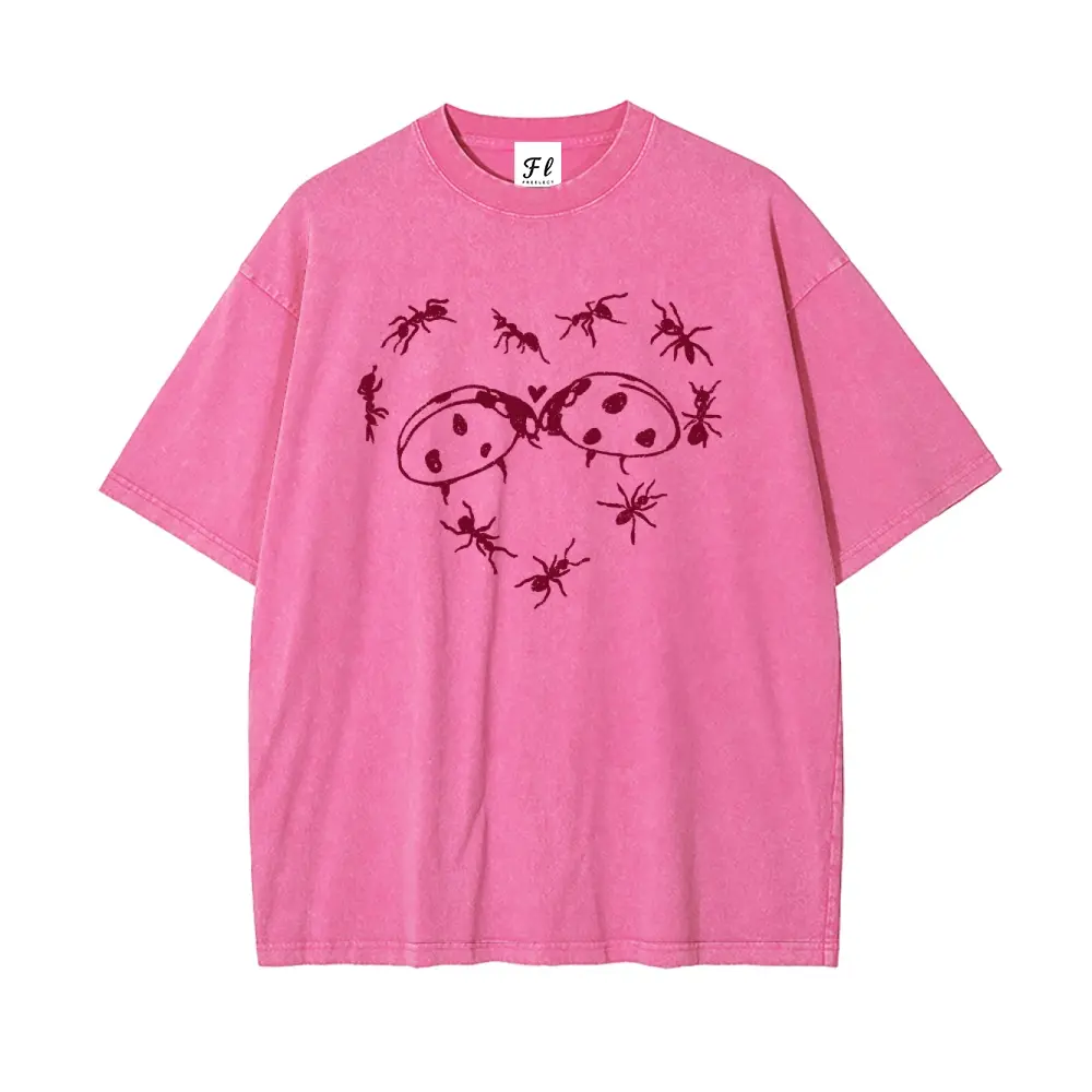 Unisex Oversize Washed Batik Cotton T-Shirt - Ants, Ladybugs, Heart Prints, Super Soft, Pre-Shrunk, Streetwear Menswear Top