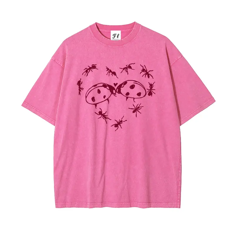 Unisex Oversize Washed Batik Cotton T-Shirt - Ants, Ladybugs, Heart Prints, Super Soft, Pre-Shrunk, Streetwear Menswear Top