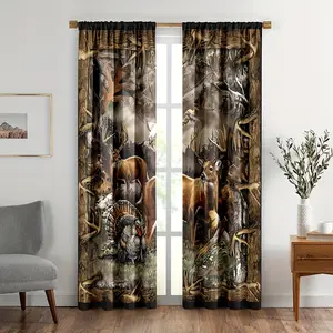 2pcs Rustic Cabin Deer Curtains for Bedroom, Vintage Country Farmhouse Fall Forest Wildlife Print Window Curtains