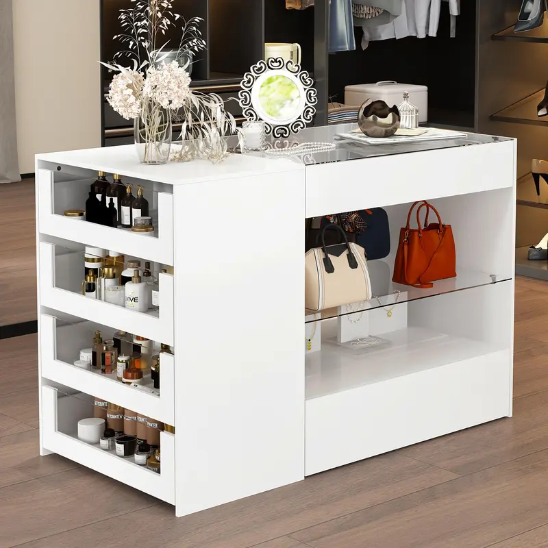 FUFU&GAGA Sturdy Modern Wood Bedroom Wardrobe Closet Island - Sideboard Cabinet, Minimalist Bedroom Storage, Regular Door, Glass Tabletop, 47.2in(W)x23.6in(H), Storage Drawer Platform, Apartment Furniture, Assembly Required