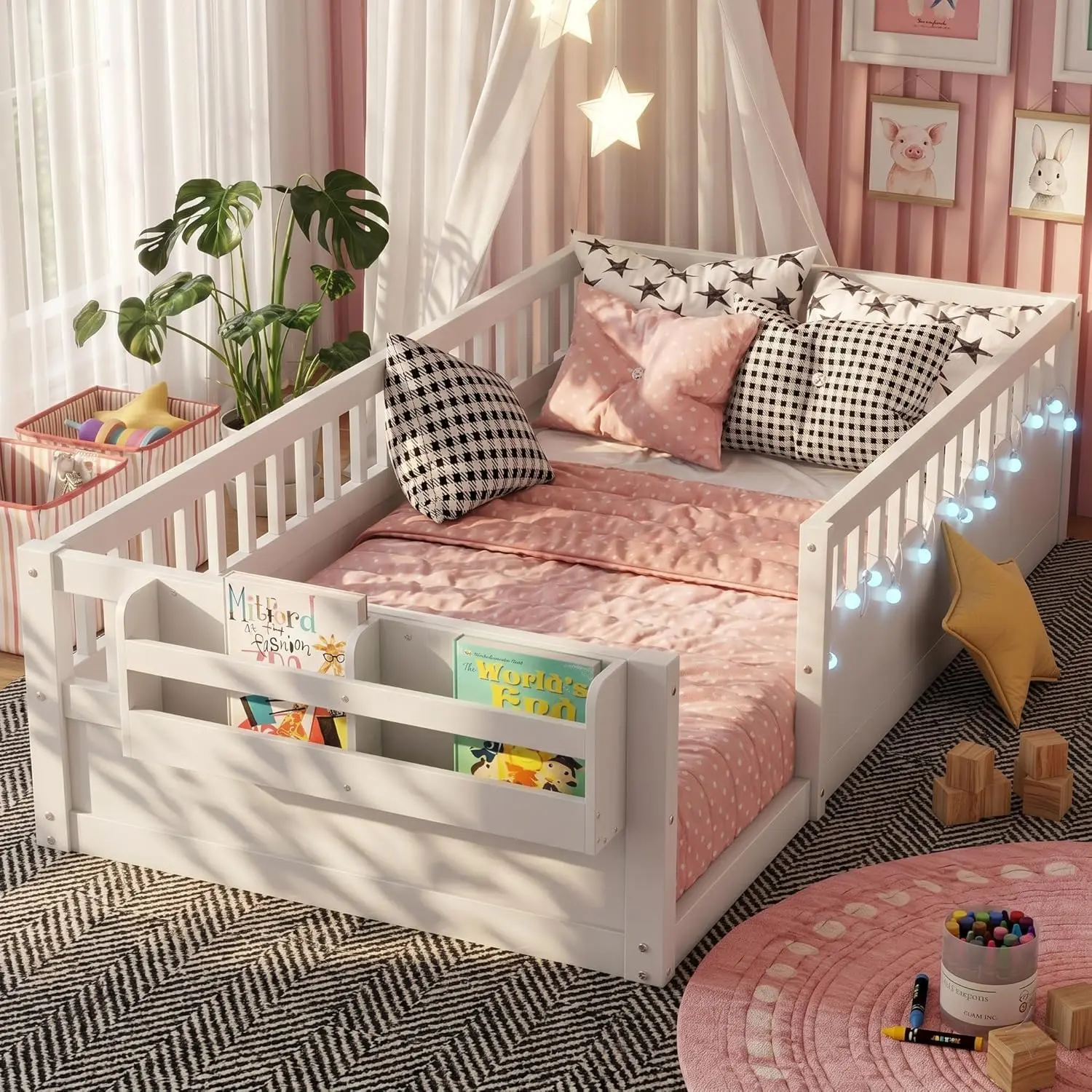 Twin Toddler Floor Bed with High Rails, Wooden Montessori Bed Frame with Light and Storage Shelf, Twin Size Bed Frame for Kids, Boys and Girls, White