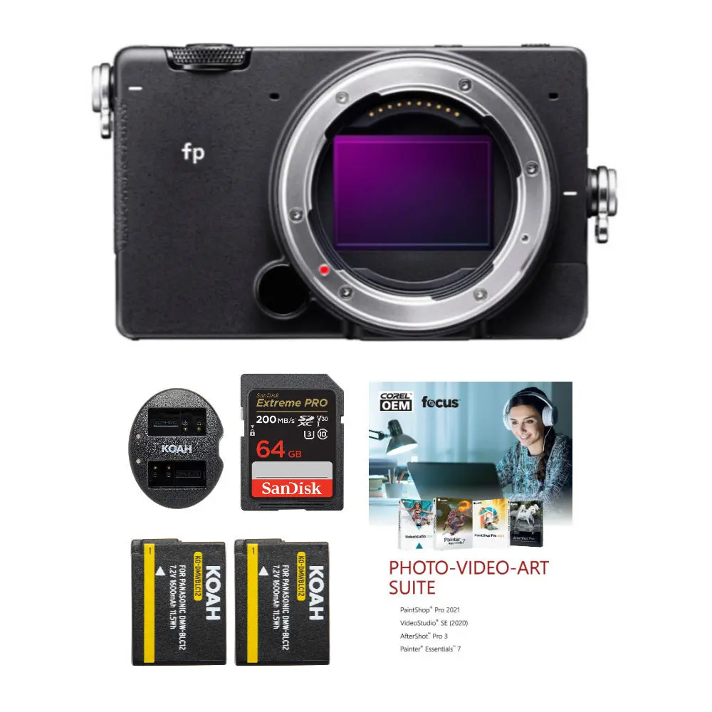 Sigma fp Compact Aluminium Mirrorless Digital Camera Body with 64GB Extreme PRO SD Card, Spare Battery-Charger Set, Electronic Lens Compatibility & Software Bundle