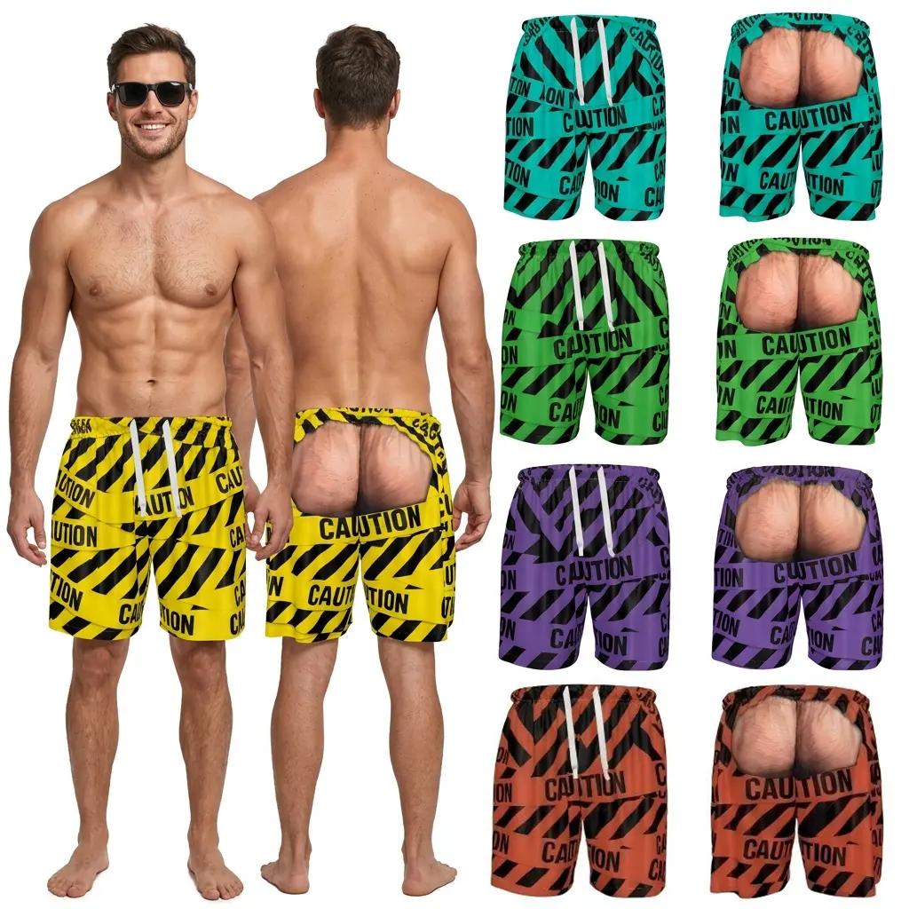 Caution Warning Tape Fake Butt Prank Men Swim Trunks, All Over Print Board Shorts with Pockets, Drawstring Elastic Beach Shorts, Funny Summer Novelty Gift Sizes 2XS-6XL