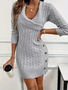 Women's Comfortable V Neck Dress, Faux Button Front Long Sleeve, Mid-Length Knit Texture, Perfect for Fall/winter Casual & Formal Wear