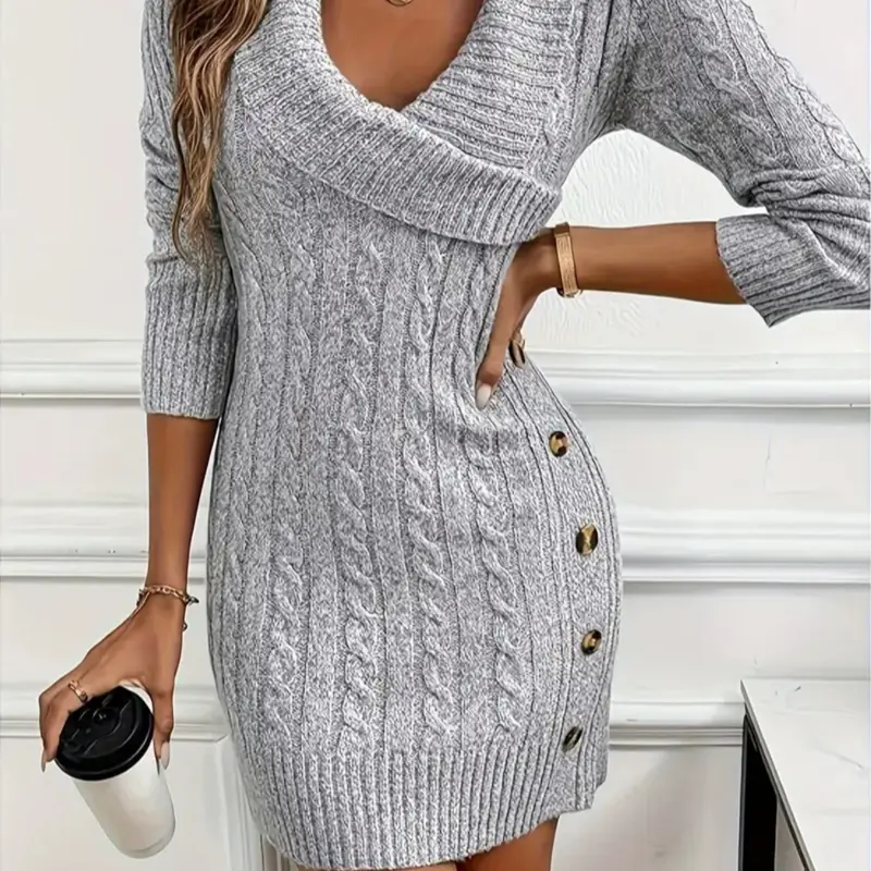 Women's Comfortable V Neck Dress, Faux Button Front Long Sleeve, Mid-Length Knit Texture Fabric, Perfect for Fall/winter Casual & Formal Wear Womenswear