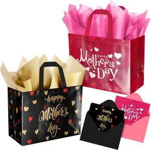 2 Pack Reusable Non-Woven Heart Gift Totes with Tissue Paper & Cards - 12.6in Pink, Black Gold Home & Festive Supplies Gift Set for Mother’s Day, Anniversary (Party Bags for Mom) Gift Box Design