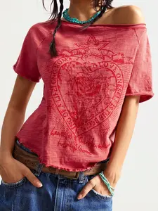 SOLEMN Solid Color Knit Crew Neck Short Sleeve Fitted Washed T-Shirt For Women Western Graphic Tees Women Western T Shirts Women Vintage T Shirts Women Heart Shirt Cowgirl Tops For Women