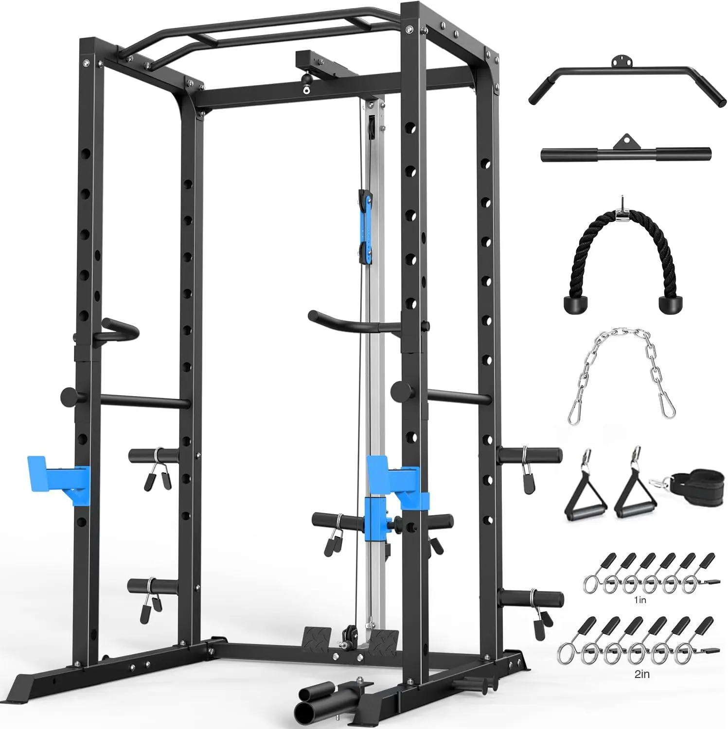 Heavy-Duty Steel Power Rack, Complete Home Gym Package for Strength Workout with Lat Pulldown Attachment, Landmine, Ankle Strap, and 1002 LB Capacity, Strength Workout Equipment, Home Workout Station