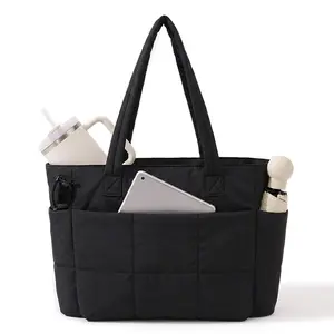 Soft Quilted Puffer Tote Bag, Large Capacity Lightweight Shoulder Bag with Multi-Pockets & Luggage Sleeve for Work, Travel & Everyday Use