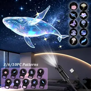 3/6/10pc Pattern LED Projection Lamp, USB LED Projector, 360° Rotating Dream Night Light, Rose Whale Butterfly Cloud Heart Planet Feather Patterns
