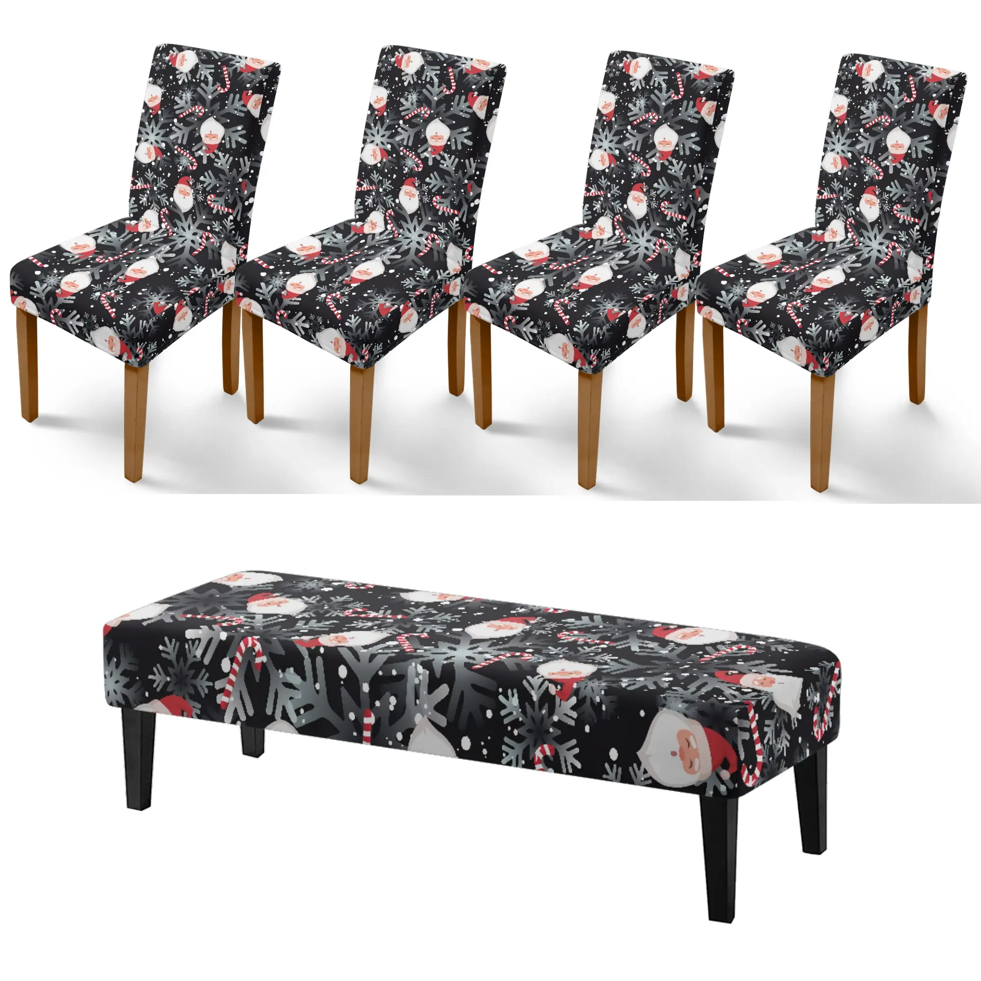 5Pcs Christmas  Bench Cover and Chair Cover Christmas Candy Cane Snowflake - Stretch Durable Washable Dorm Chair Cover for Families Party Hosts Apartment Dwellers  for Christmas Dining Room Kitchen Entryway Living Room Bedroom Holiday Decor