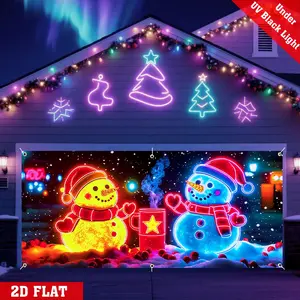 2D flat Christmas Garage Door Cover Banner, UV-Activated, Glow-In-The-Dark With Snowman, Hot Tea, Snowy Scene, Falling Snow, Oversized Polyester Decor, Suitable For Outdoor/Indoor Parties, Christmas Decorations, Festive Wall Hanging