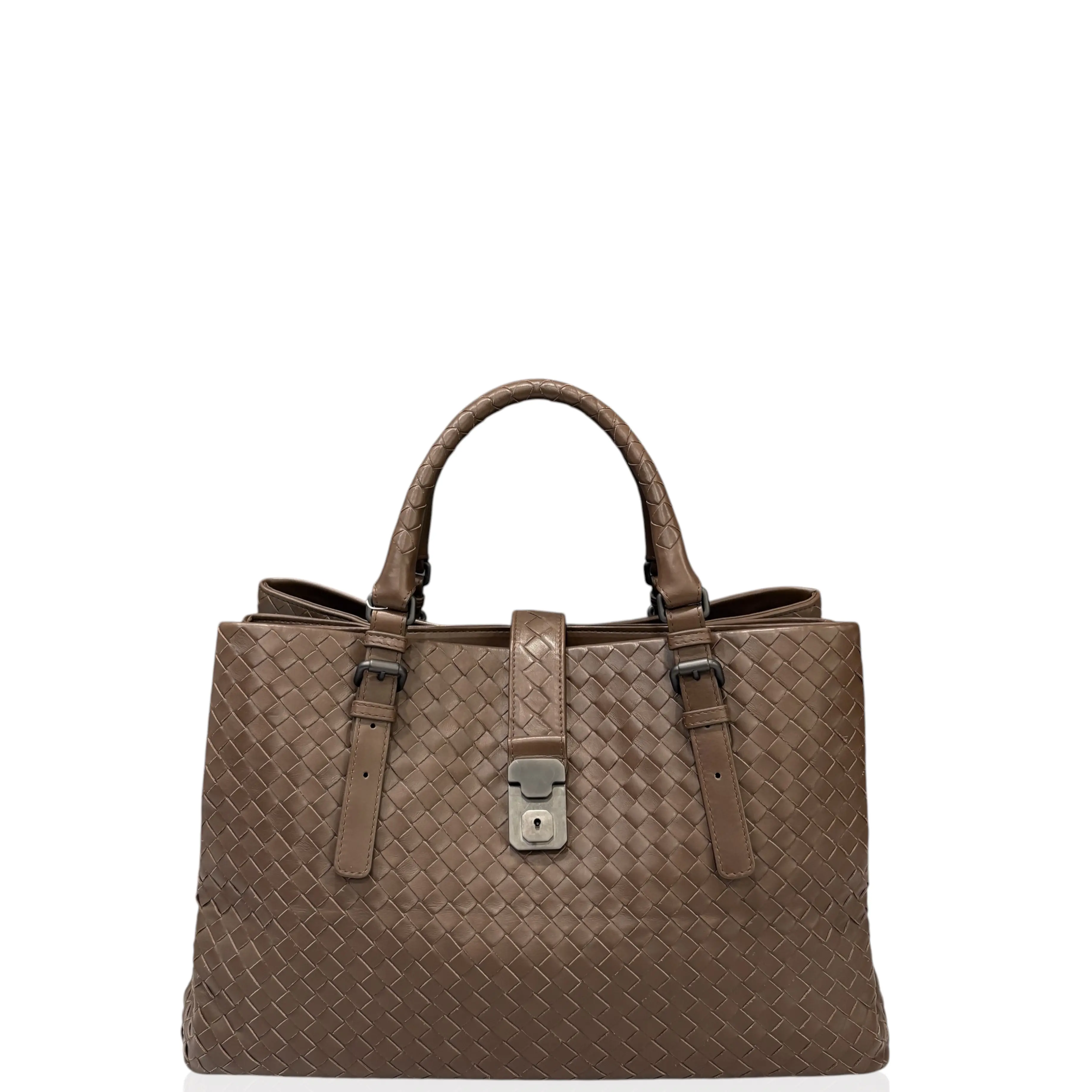 Pre-owned BOTTEGA VENETA Leather tote bags Large Roma Tote Bag Lambskin Intrecciato Nappa Dark Brown (qy040126e2)