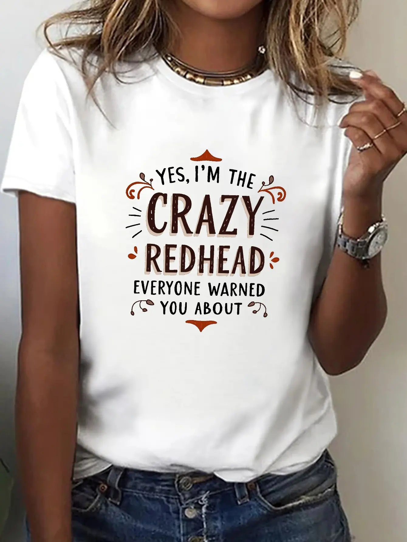 Yes I M The Crazy Redhead Print T-Shirt, Short Sle unisex soft cotton short sleeve t shirt, vintage graphic casual tee for men women teens, perfect birthday holiday gift for camping travel gym daily street  wear