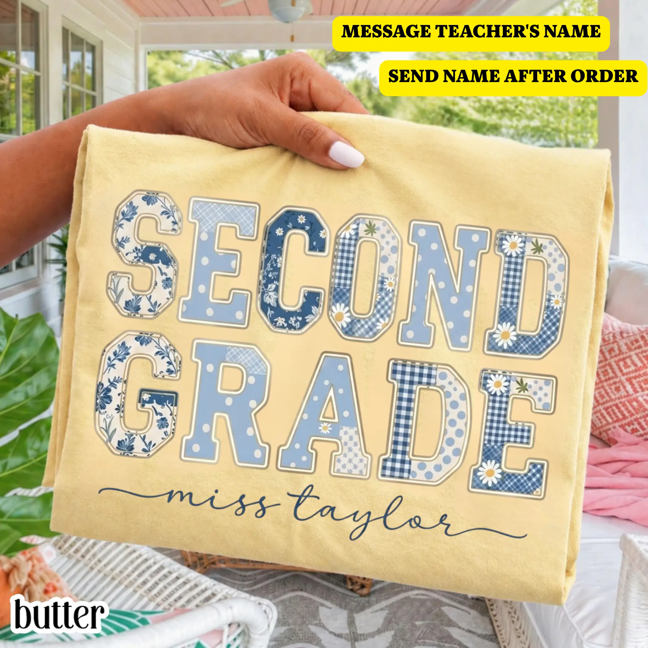 Comfort Colors Second Grade Teacher Shirt 2nd Grade Matching Group T-Shirt, Custom Teacher Name Graphic Tee, Floral Blue Back to School Teacher Team Tee, Teacher Gift Ideas - By Thanya LLC