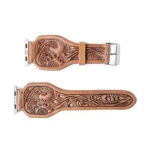 Myra Handtooled Leather Watch Band - Western Style Saddle Brown Goat Leather with Floral Scrolls for Apple Watch