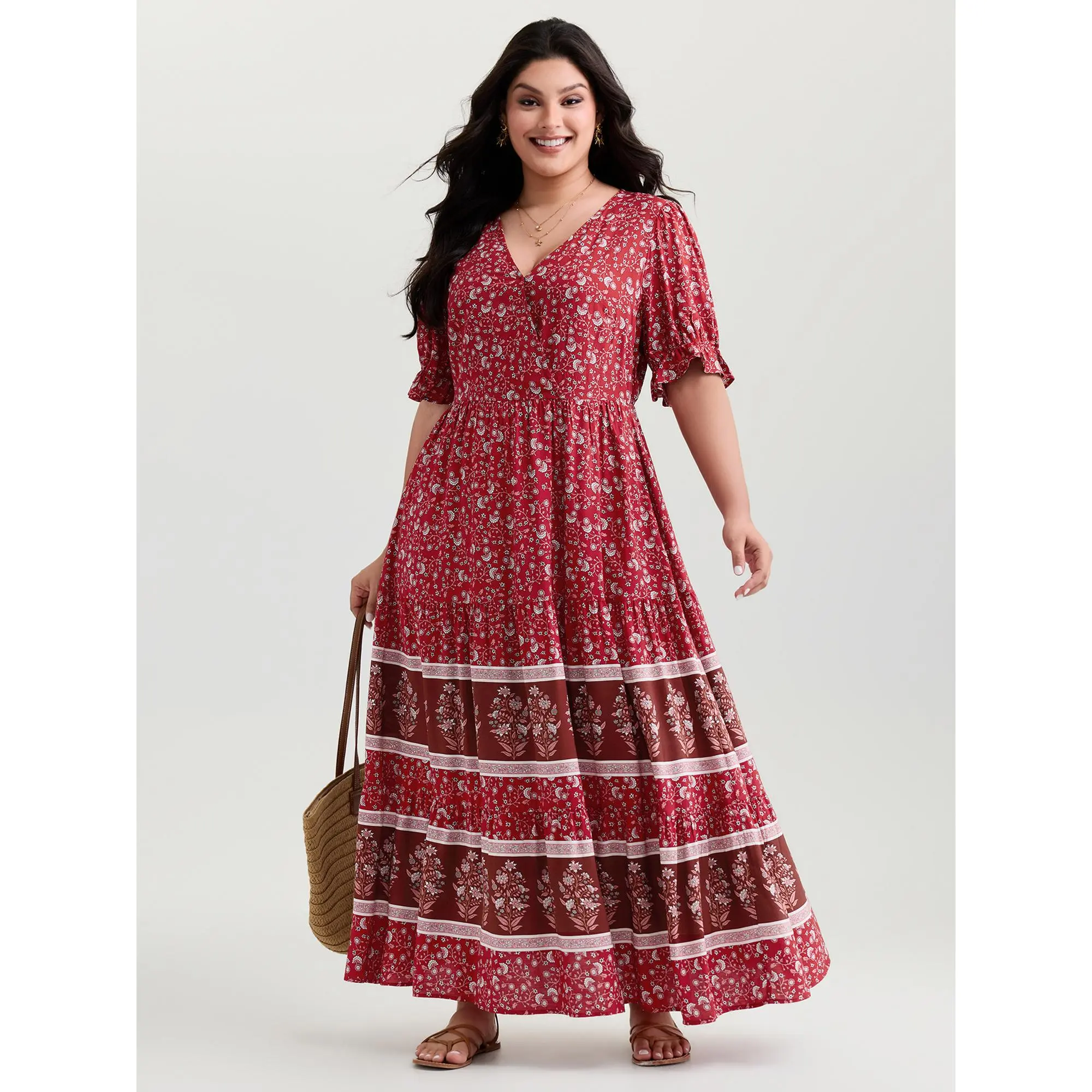 BloomChic Plus Size Maxi Dress for Women, Boho Ditsy Floral Print in Smooth Rayon with V-Neck, Long Bell Sleeves & Pockets, Garment, Fabric, Casual, Low Iron, Lady, Hippie Style, Casual Wear, Curvy Dresses Plus Size, Plus Size Casual Dresses