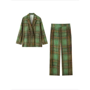 Women's Plaid Long Sleeve Lapel Blazer Set, High Waist Button Front Straight Leg Pants, Elegant Business Casual, Fall outfit