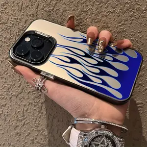 This phone case features a blue flame design, made of TPU, compatible with iPhone 16 Pro Max, iPhone 15 Pro Max, 14, 16 Plus, 15, 13 Pro, 12, 11, 7, 8 Plus, X, XR, and XS Max. This silicone case has an anti-drop function and comes in a stylish silver colo