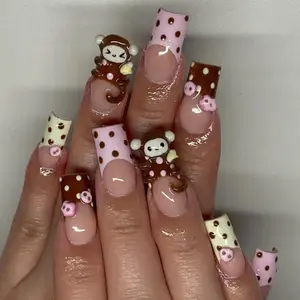 S62 Nailed by Vibe - 3D Monkey Dots Press-On Nails, Chocolate & Strawberry Polka Mix, Cute Animal Charms & Bows, Handmade Pink-Brown Style, Gift for Her