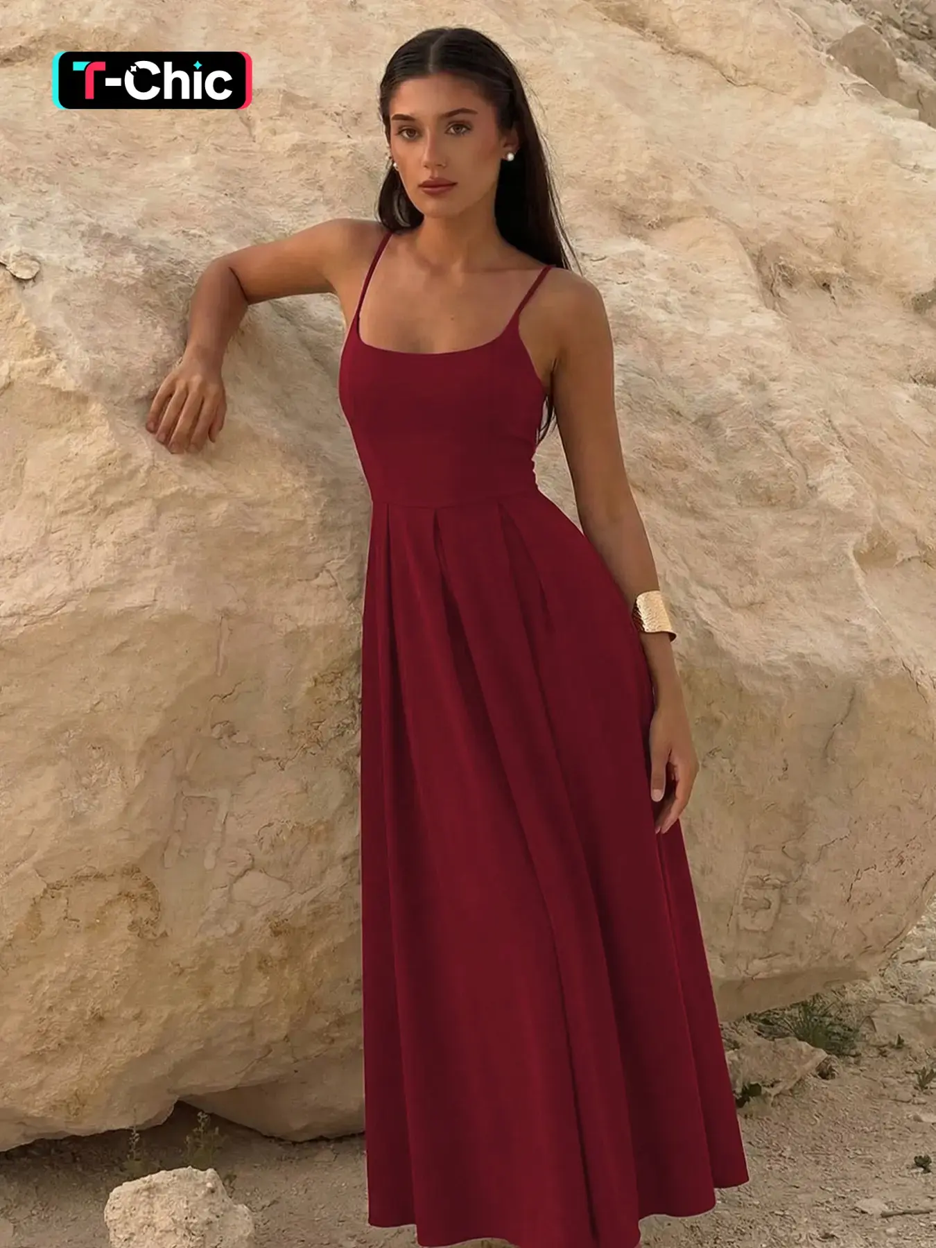 Women's Solid Spaghetti Straps Sleeveless Pleated Slip Dress, Elegant Plain  U Neck Backless Ruched Bodycon A-