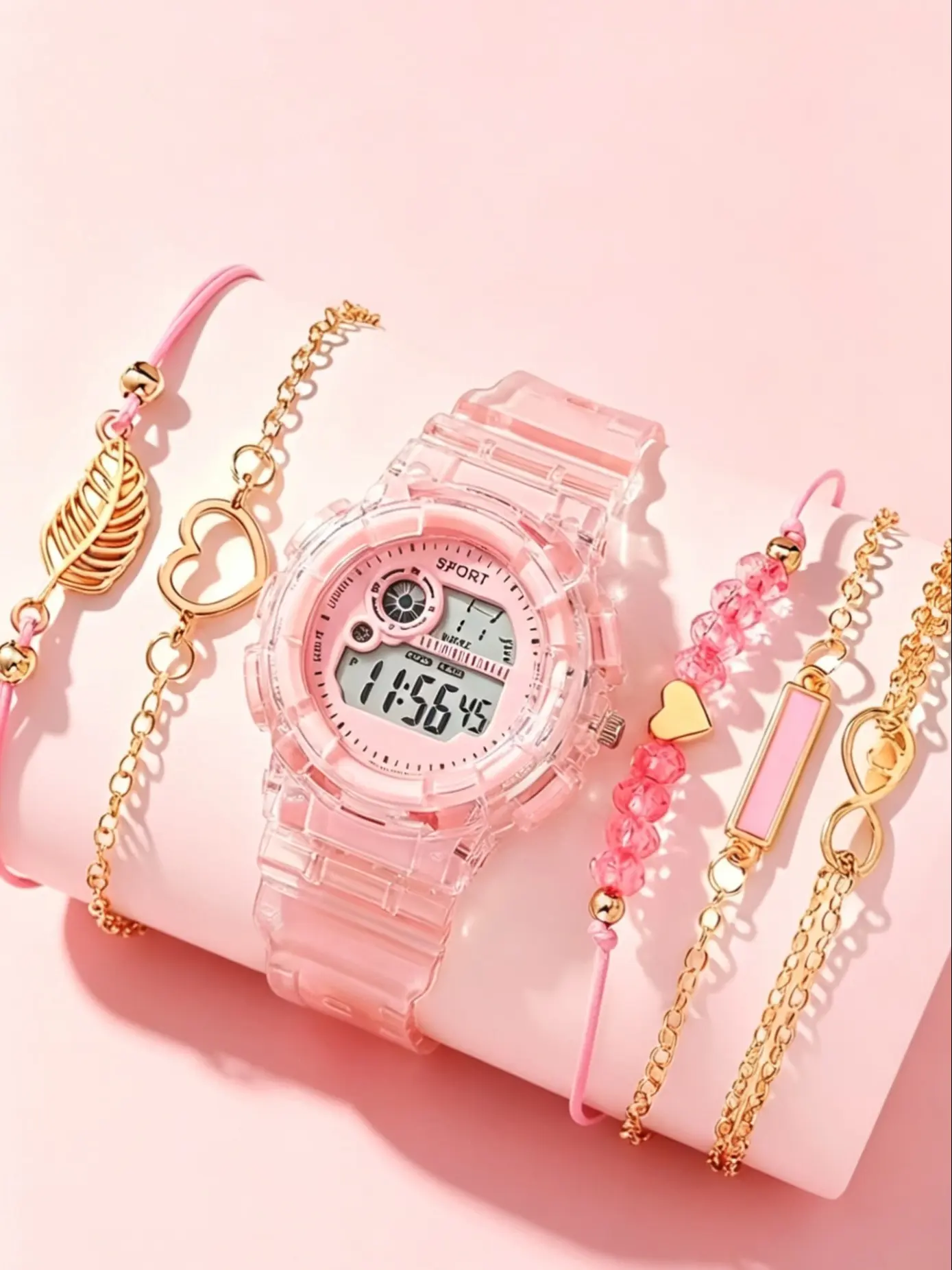 6-Piece Candy Color Girly Cute Digital Wristwatch Set, Glow in Dark Waterproof Sport Watch, Heart Pony Bracelet, Perfect Gift for Teens Girls, Birthday Gift, Digital Watches