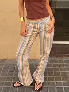 New Arrival Women's Rainbow Striped Jeans Pants Spring 2026 Ladies Fashion Casual Straight Leg Mid Waisted denim Trousers office wear women high street Long Pants For Women