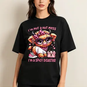 Men's Oversized "I'm Not a Hot Mess, I'm a Spicy Disaster" Highland Cow Graphic Tshirt - Menswear, Loose Classic Office Top, Premium Fabric, Pairable with Sweatpants, Funny Casual Tee