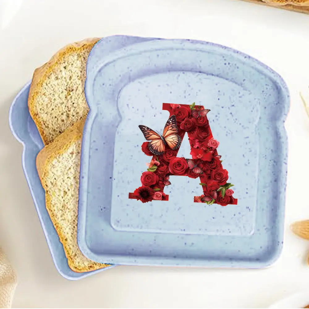 Student Toast-Shaped Bento Box | Large-Capacity Sandwich Container | Freshness Preservation for Sandwiches & Bread | Initial Name 26 Letters Red Rose Pattern | Ideal Back to School for Classes & Dorms