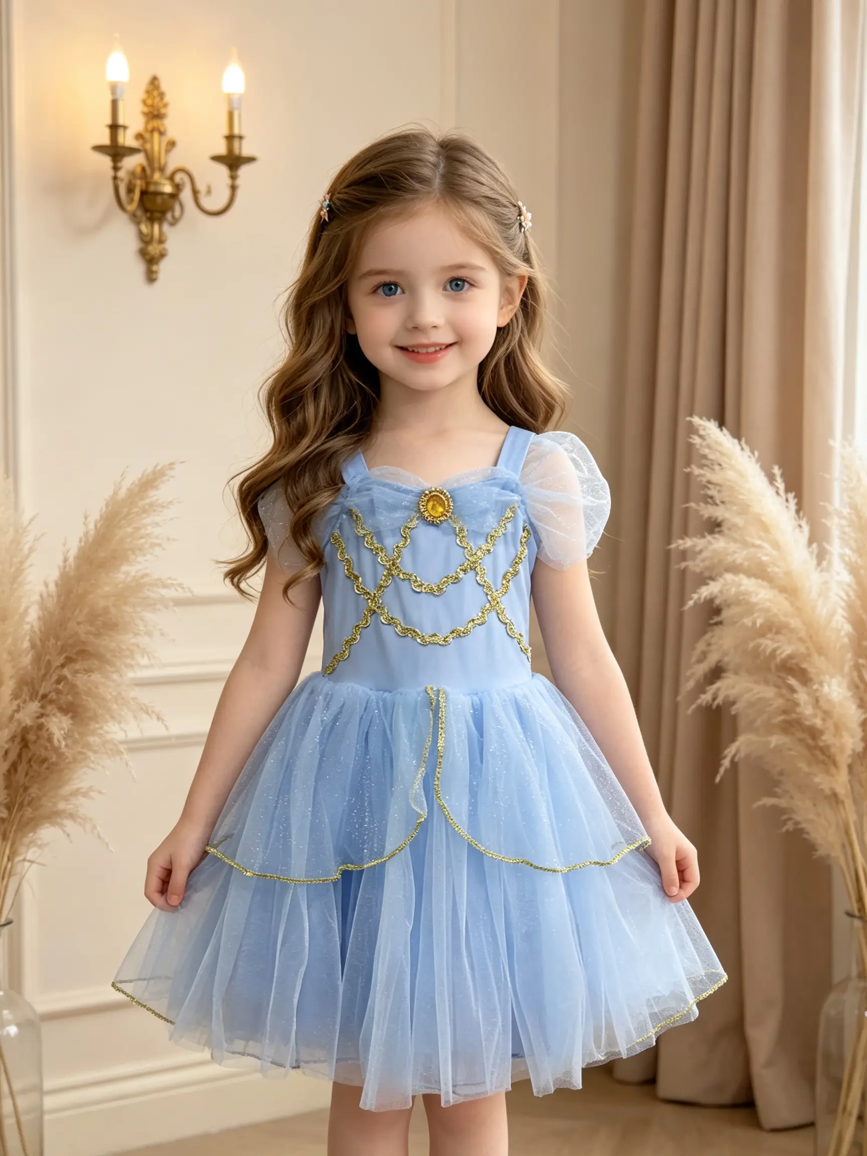 Girls Blue Princess Dress Puff Short Sleeve Gold Chain Decor Glitter Tulle Costume for Birthday Party Halloween Cosplay, Multiple Colors Available cute sleeveless kids clothing