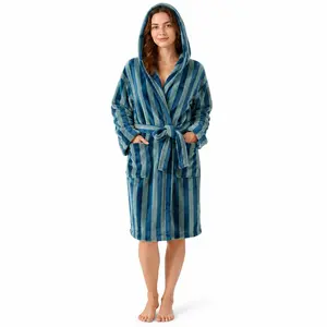 Unisex Hooded Wearable Blanket, Striped Coral Fleece Super Large Lamb Fleece Sleep Blanket with Pockets and Belt, Soft Comfortable Home Wear