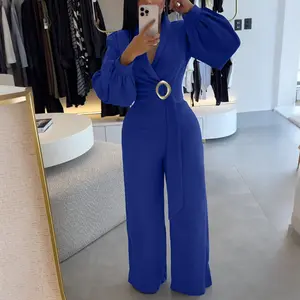 CHICME Metal Ring Decor Overlap V-Neck Lantern Sleeve Zipper Back Jumpsuit Casual Cinched Waist Wedding Guest Wide Leg Wedding