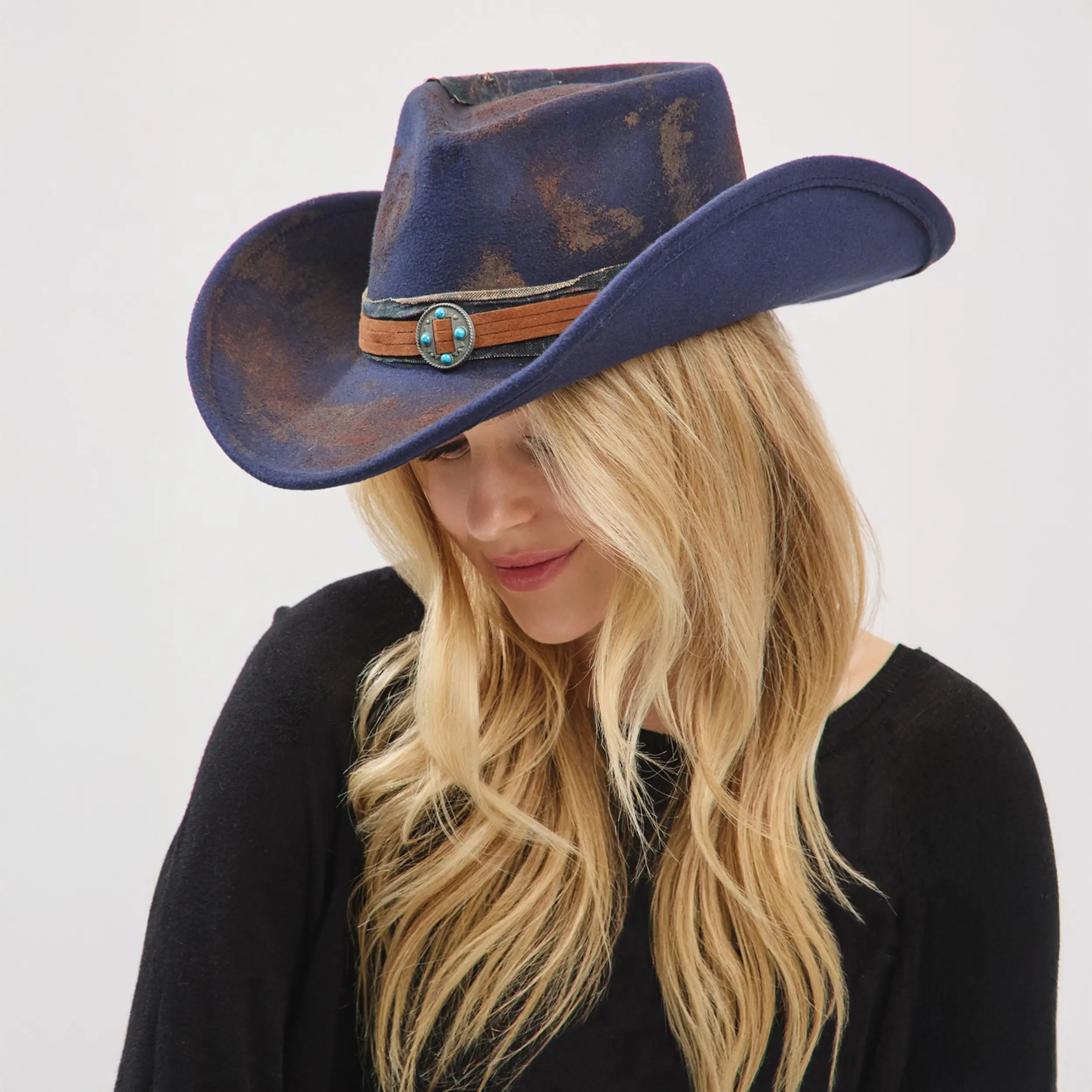 Rustic Cowgirl Fedora Hat with Distressed Fabric Suede Band & Turquoise Deco Coin Pendent Western Style