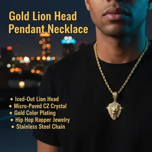 Men’s iced-out lion head pendant necklace with rope cuban link chain, micro-paved CZ crystal gold lion, 18K PVD gold-plated stainless steel, hip hop rapper jewelry
