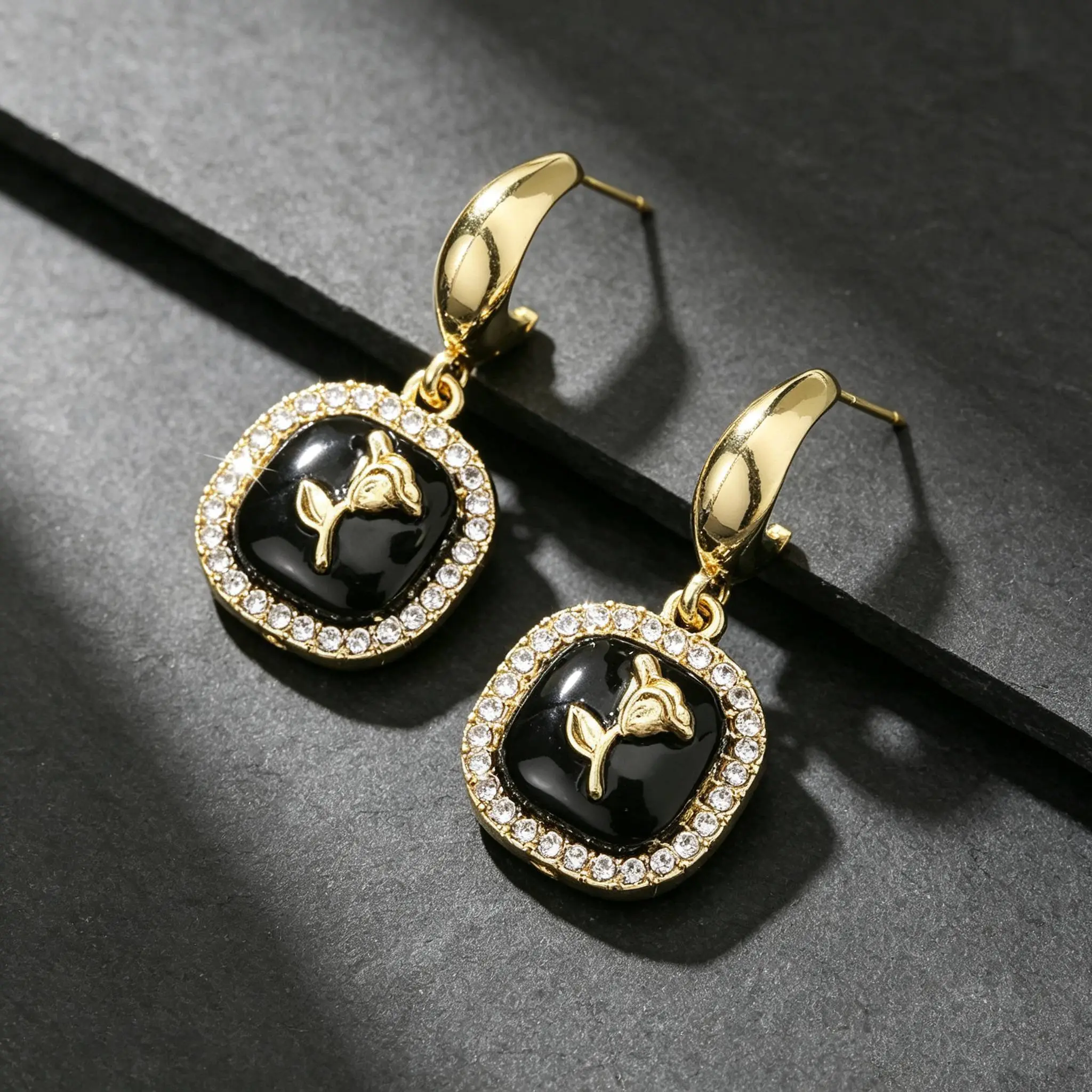 French Vintage Artificial Gemstone Earrings - Black Base, Gold-Rimmed Rose Emboss Square Setting, Rhinestone-Studded Hooks