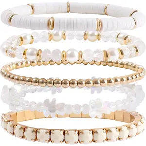 Clay Beaded Bracelets, White Pink Preppy Bracelets Gray Preppy Bracelet Black Bracelets Boho Multi-Layer Beaded  Bracelets, Bohemian Stackable Bead Bracelet Set  for Women