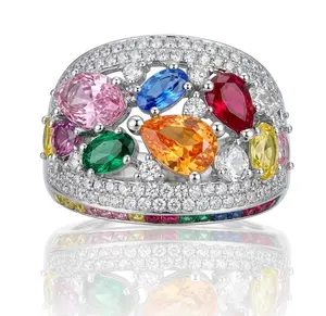 DearYesterday Vintage Rainbow CZ Wide Dome Ring, Art Deco Multicolor Gemstone Cluster Statement Cocktail Jewelry Gift for Women